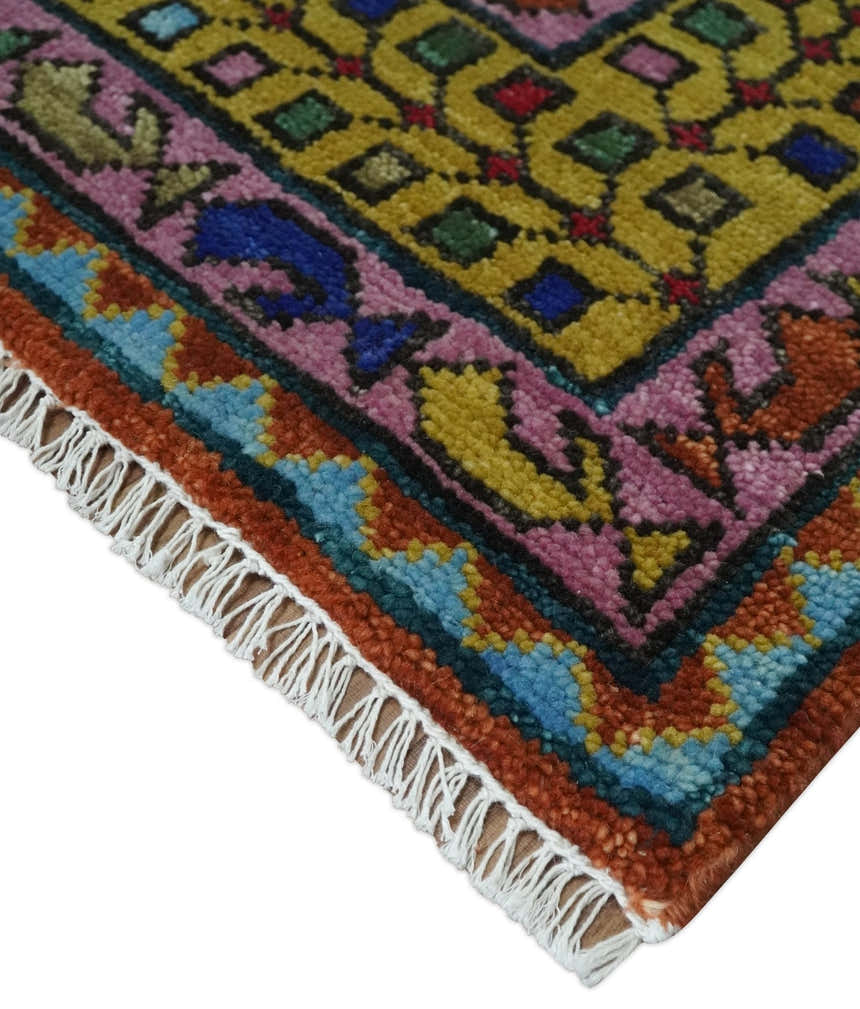 Hand Knotted Green, Rust, Yellow, Pink and Blue Traditional Floral Multi Size Wool Area Rug
