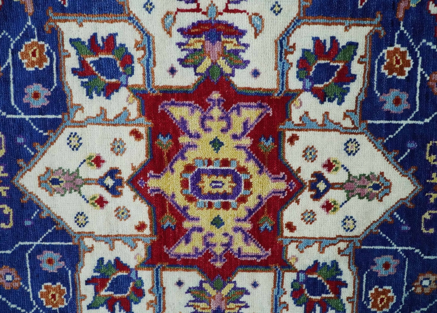 Maroon, Ivory, Blue and Rust Hand Knotted Traditional Heriz Multi Size wool Area Rug