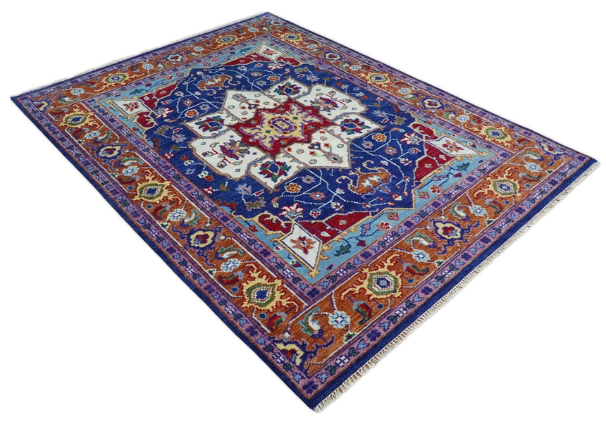 Maroon, Ivory, Blue and Rust Hand Knotted Traditional Heriz Multi Size wool Area Rug