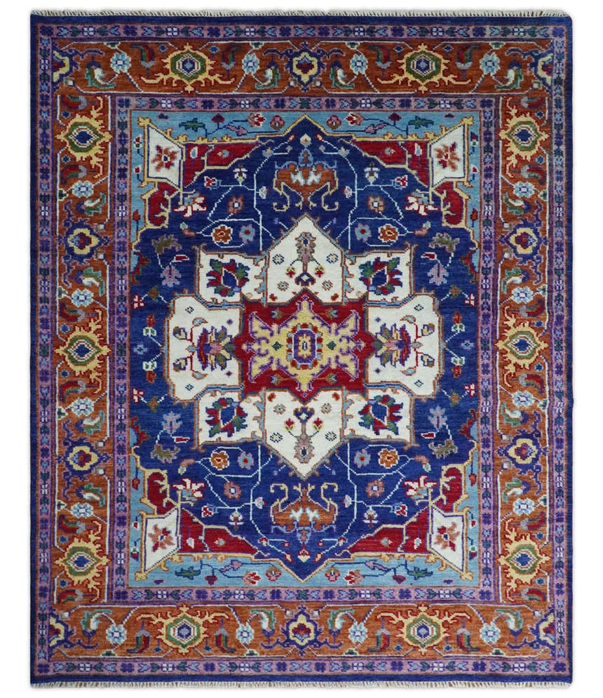 Maroon, Ivory, Blue and Rust Hand Knotted Traditional Heriz Multi Size wool Area Rug