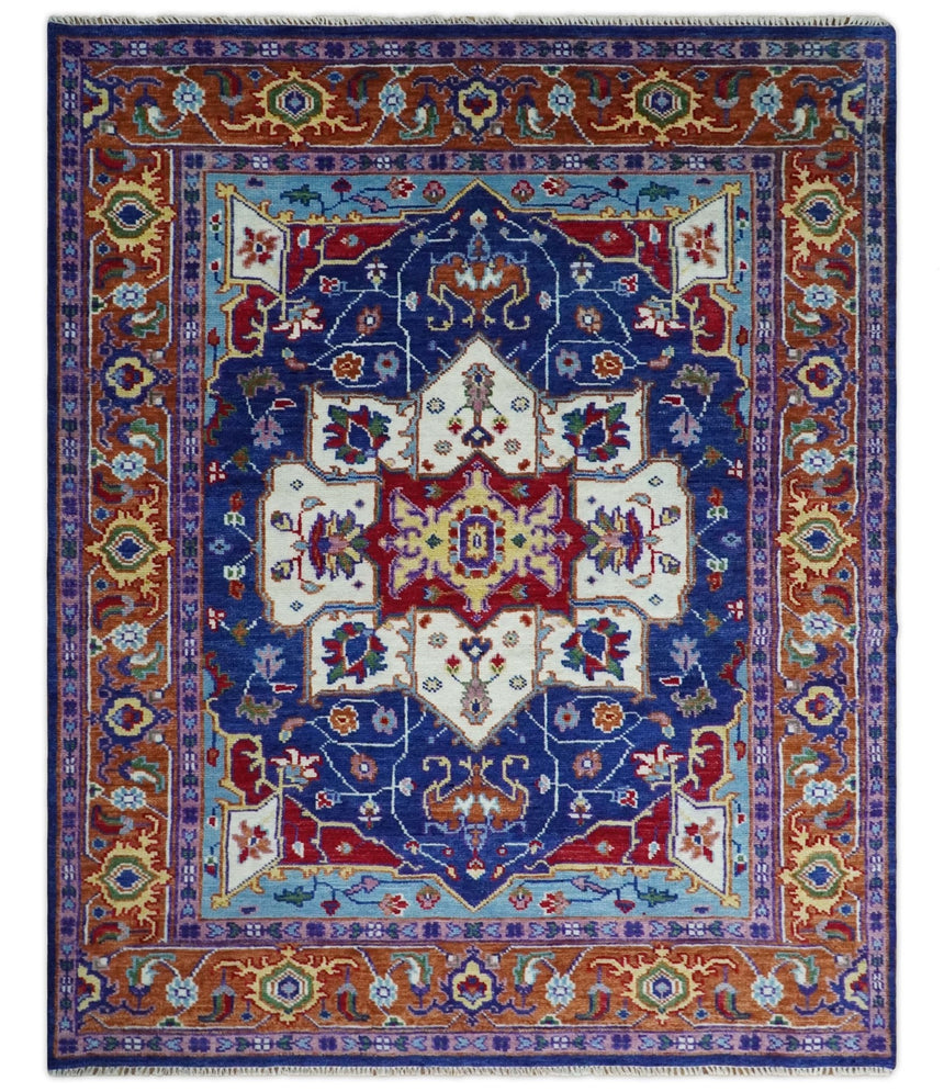 Maroon, Ivory, Blue and Rust Hand Knotted Traditional Heriz Multi Size wool Area Rug