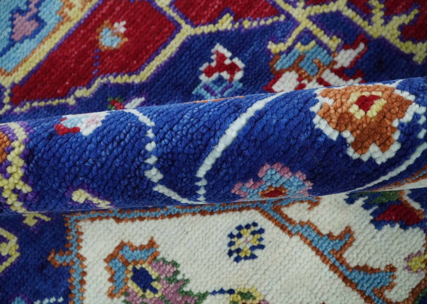 Maroon, Ivory, Blue and Rust Hand Knotted Traditional Heriz Multi Size wool Area Rug