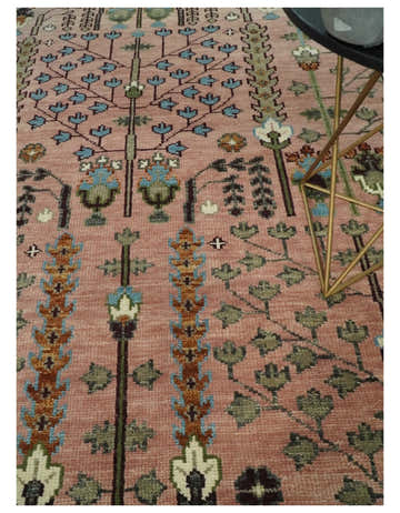 Pink, Olive and Beige Traditional Vintage Heriz Serapi Wool Rug