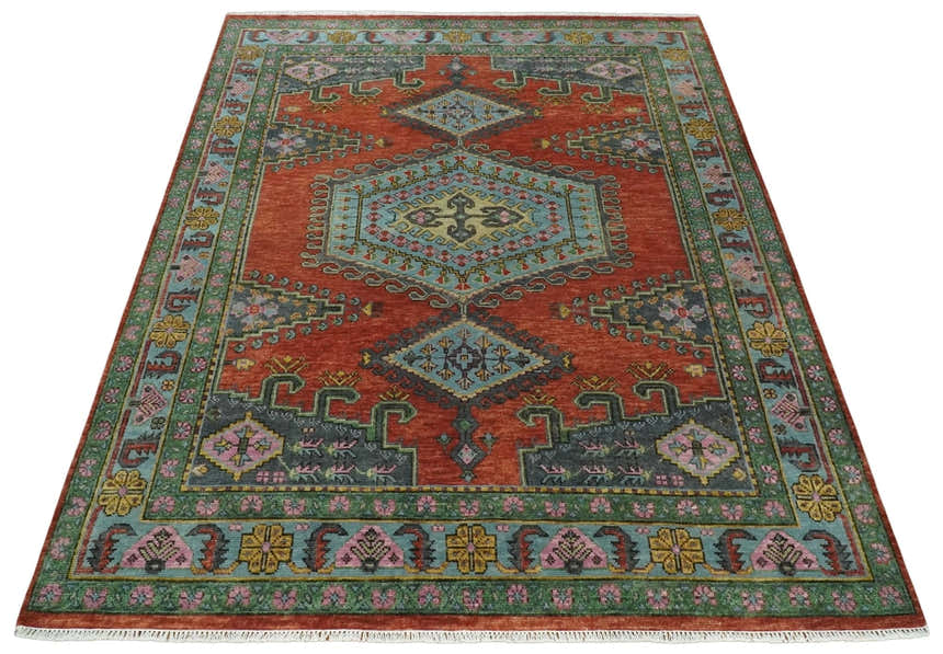Hand Knotted Rust, Blue and Olive Traditional Antique Persian Rug