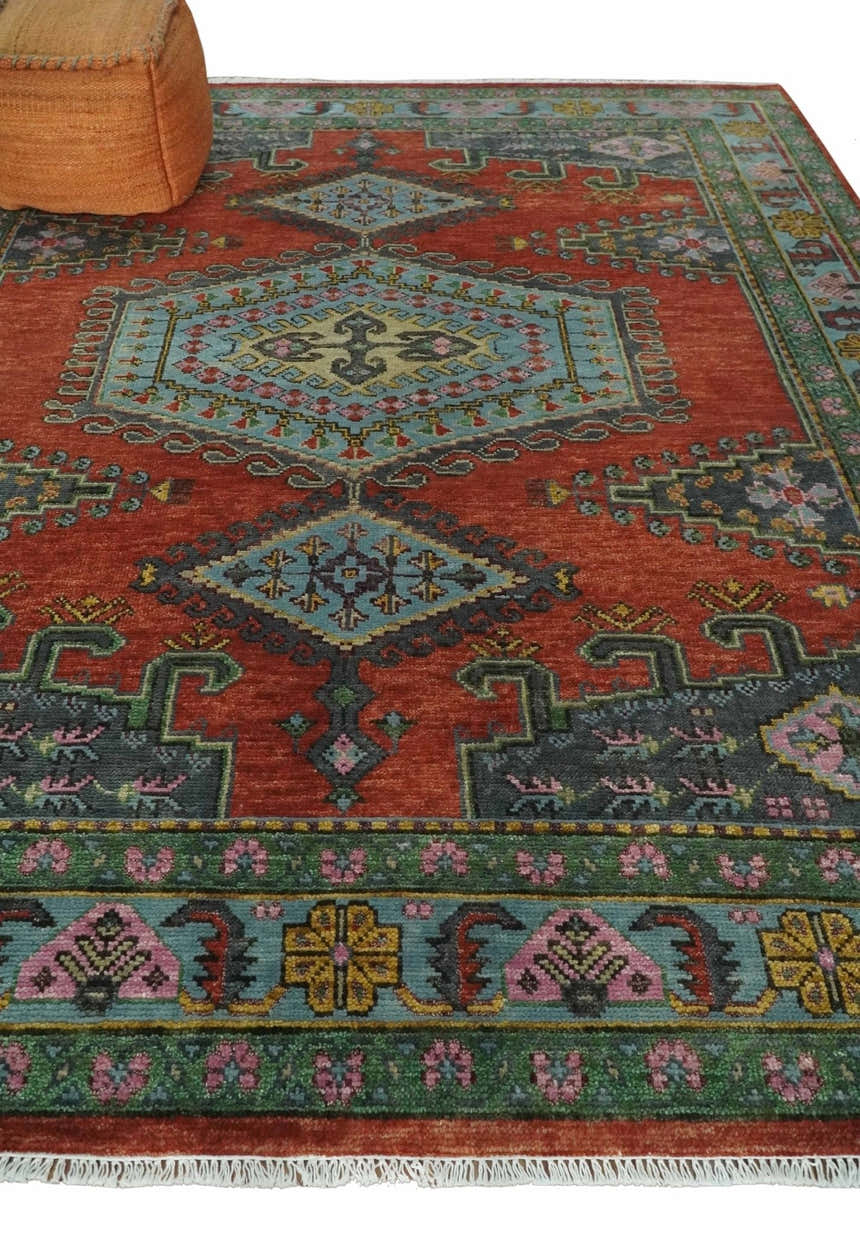 Hand Knotted Rust, Blue and Olive Traditional Antique Persian Rug