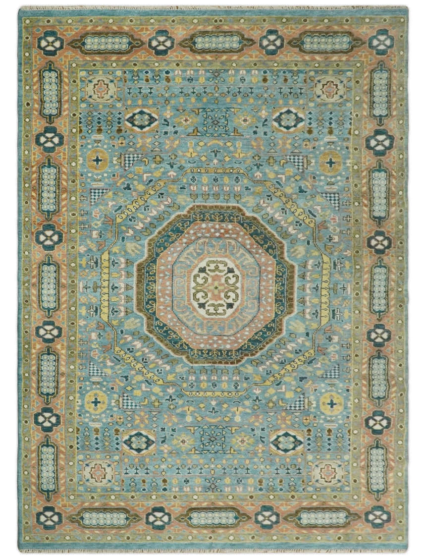 Rust and Blue Hand Knotted traditional Antique look Turkish Mamluk Living Room Multi Size wool Area Rug