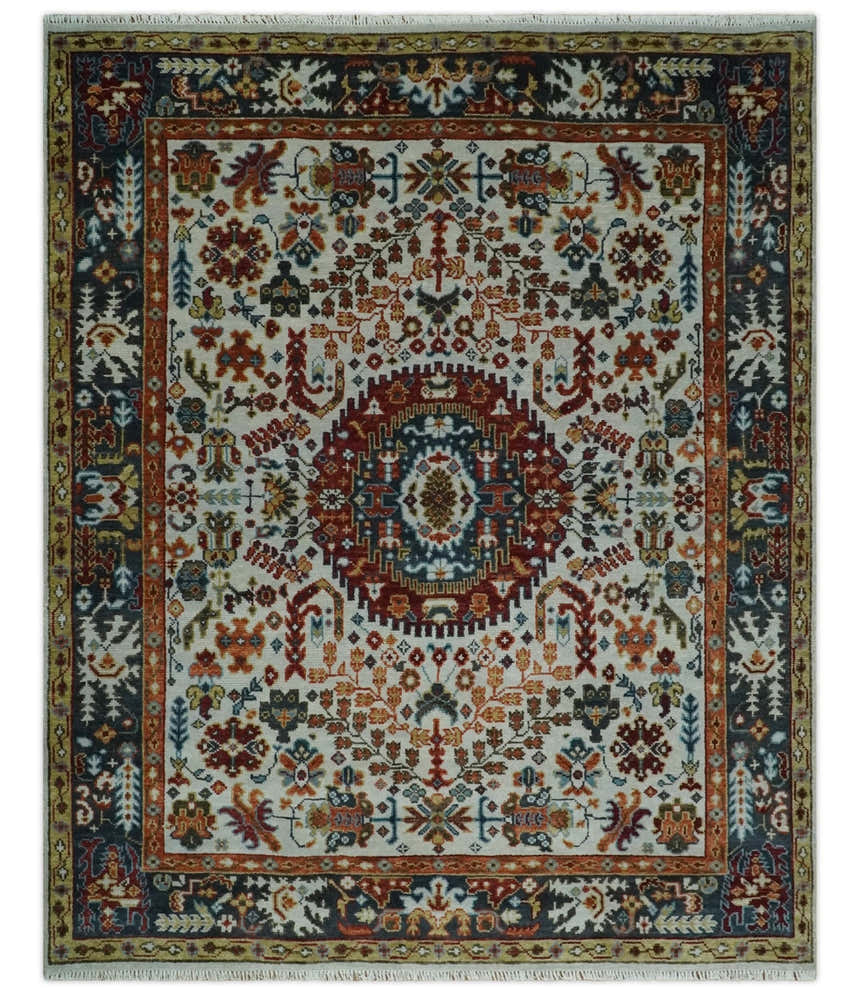 Hand Knotted traditional Oriental Ivory, Rust and Gray wool Area Rug