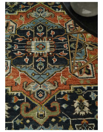 Rust, Blue and Aqua Traditional Heriz Hand knotted Multi Size wool Area Rug