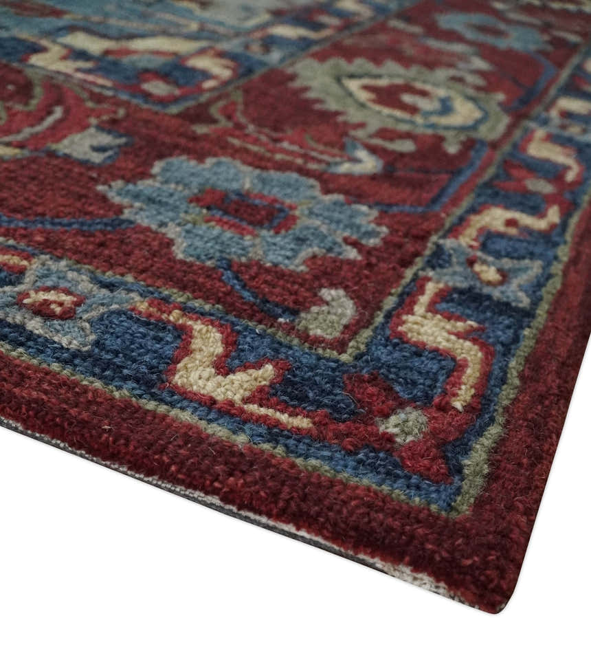 Red and Blue Hand Tufted Traditional Heriz Serapi Medallion Multi Size wool Area Rug