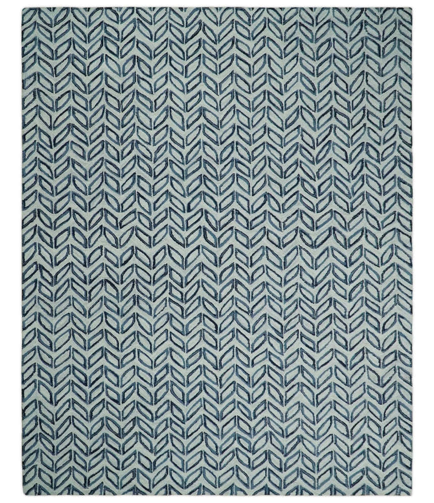 Contemporary Farmhouse Leaf's Hand Tufted Silver and Blue Loop Multi Size Wool Rug