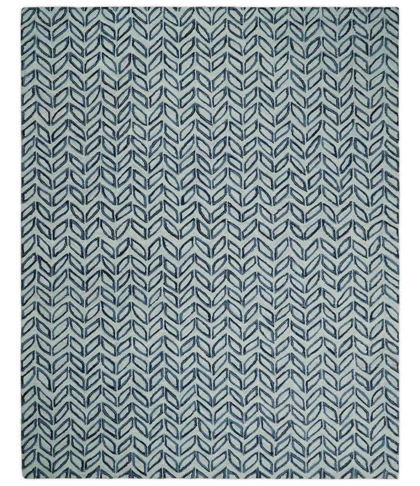 5X8 and 8x10 Contemporary Farmhouse Leaf's Hand Tufted Silver and Blue Loop Wool Rug