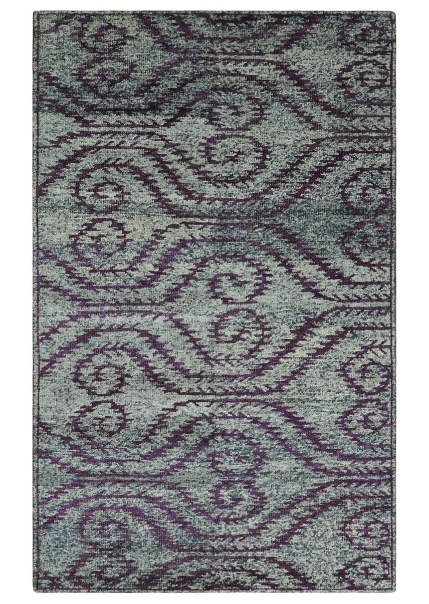 5x8 and 8x10 Hand Knotted Blue, Gray and Purple Modern Contemporary Southwestern Tribal Trellis Recycled Silk Area Rug | OP32