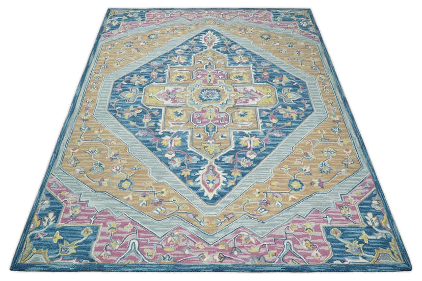 Kids, Nursery and Living Room Rug Hand Tufted Blue and Pink Wool Textured Loop Multi Size Area Rug