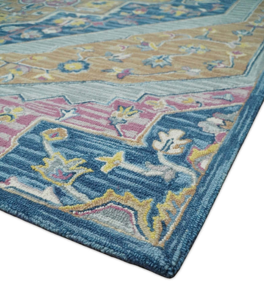 Kids, Nursery and Living Room Rug Hand Tufted Blue and Pink Wool Textured Loop Multi Size Area Rug