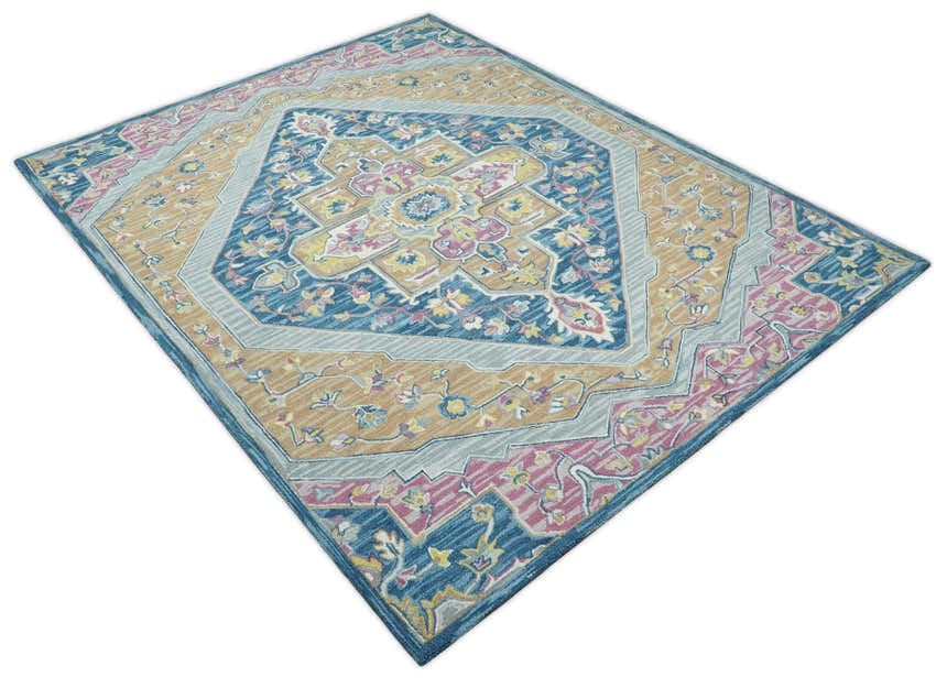 Kids, Nursery and Living Room Rug Hand Tufted Blue and Pink Wool Textured Loop Multi Size Area Rug