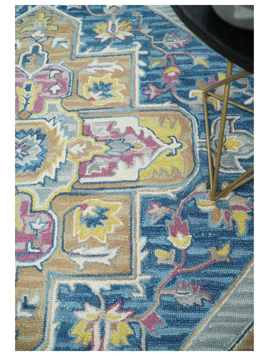 Kids, Nursery and Living Room Rug Hand Tufted Blue and Pink Wool Textured Loop Multi Size Area Rug