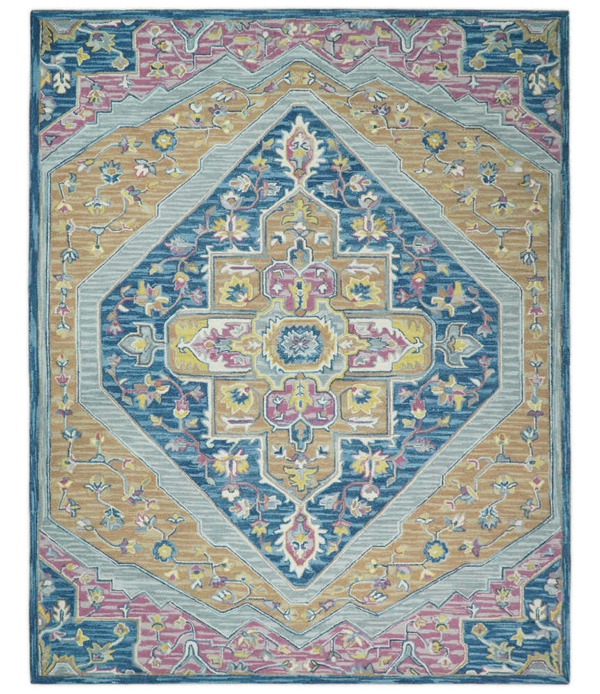 Kids, Nursery and Living Room Rug Hand Tufted Blue and Pink Wool Textured Loop Multi Size Area Rug