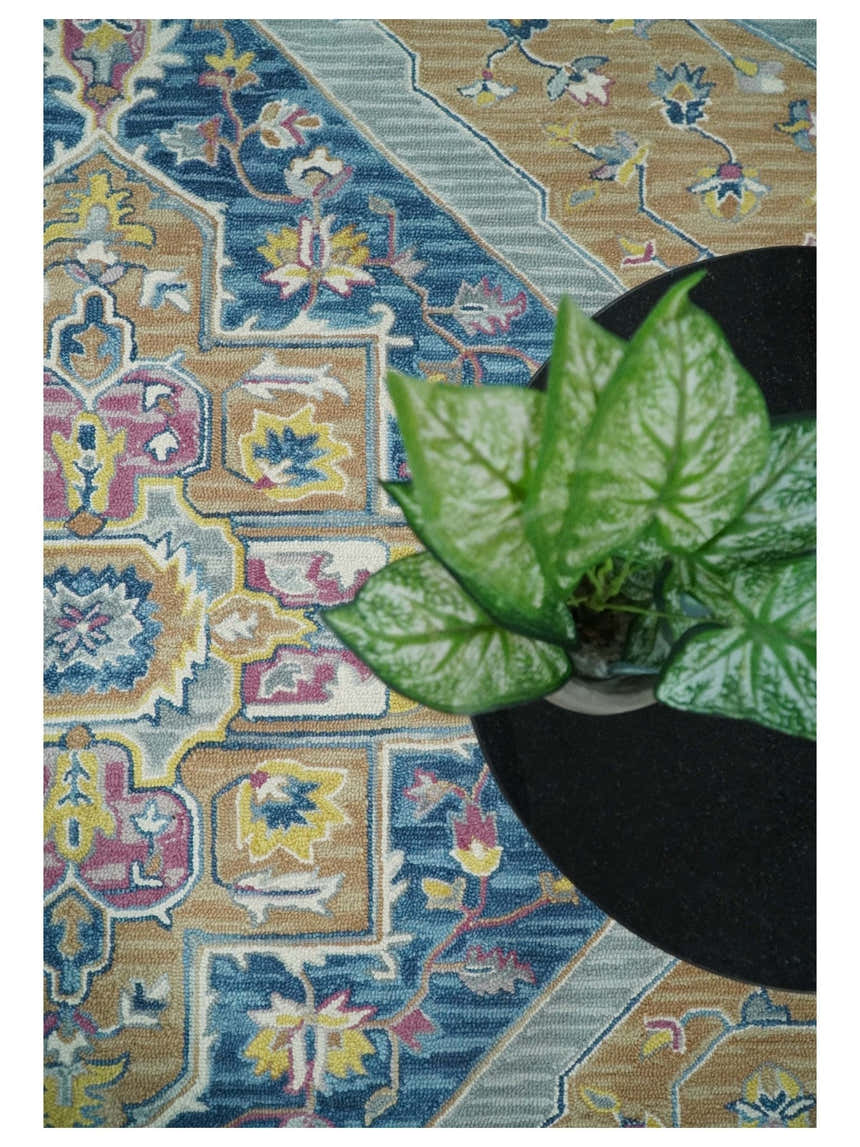 Kids, Nursery and Living Room Rug Hand Tufted Blue and Pink Wool Textured Loop Multi Size Area Rug