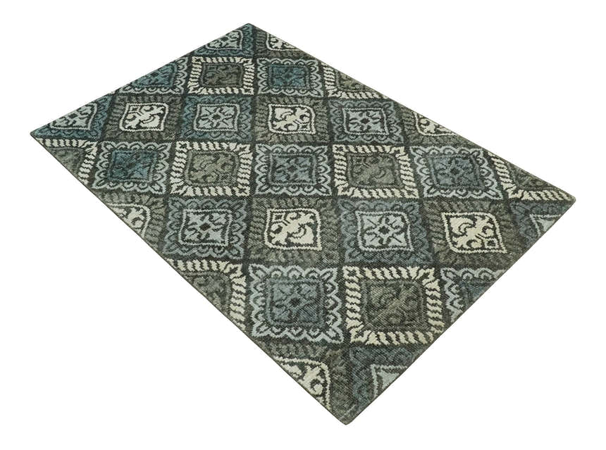 5x8 Hand Knotted Charcoal, Blue and Ivory Antique Persian Style Contemporary Bamboo Silk Area Rug | OP88