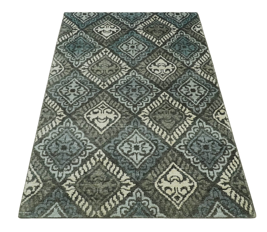 5x8 Hand Knotted Charcoal, Blue and Ivory Antique Persian Style Contemporary Bamboo Silk Area Rug | OP88