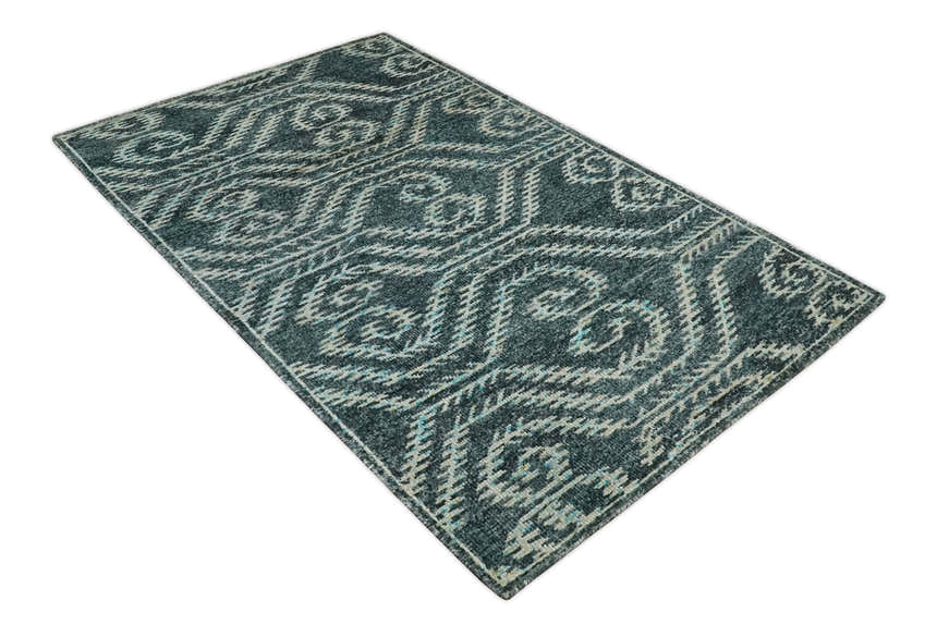 5x8 Hand Knotted Dark Gray and Ivory Modern Contemporary Southwestern Tribal Trellis Recycled Silk Area Rug | OP115