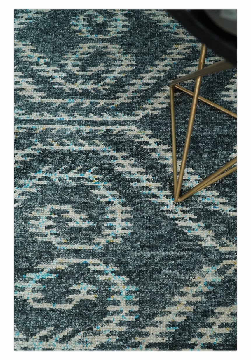 5x8 Hand Knotted Dark Gray and Ivory Modern Contemporary Southwestern Tribal Trellis Recycled Silk Area Rug | OP115