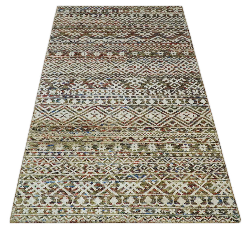 5x8 Hand Knotted Ivory, Olive and Rust Modern Contemporary Southwestern Tribal Trellis Recycled Silk Area Rug | OP121