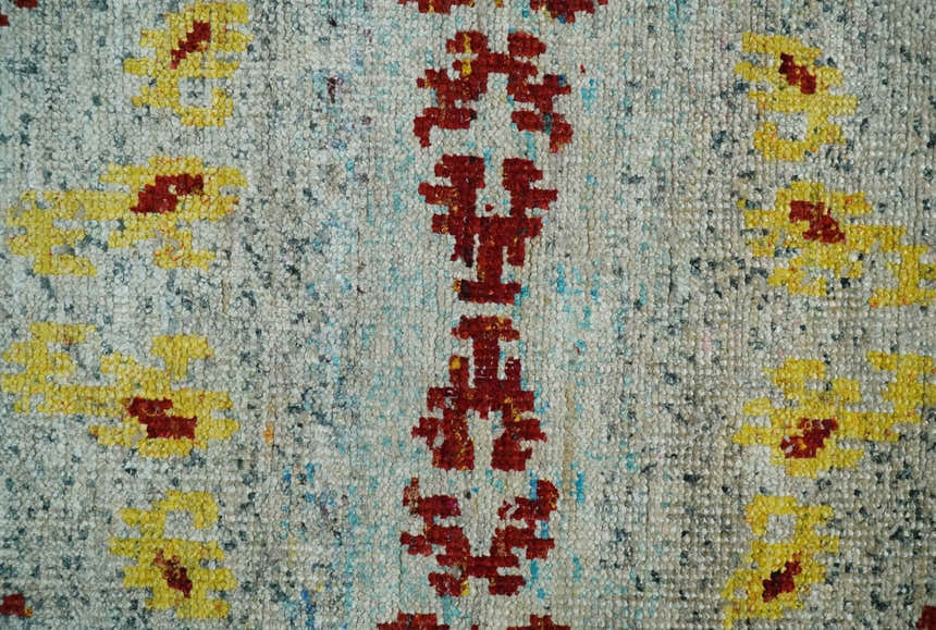 5x8 Hand Knotted Ivory, Red and Yellow Persian made of Recycled Silk Area Rug | OP95