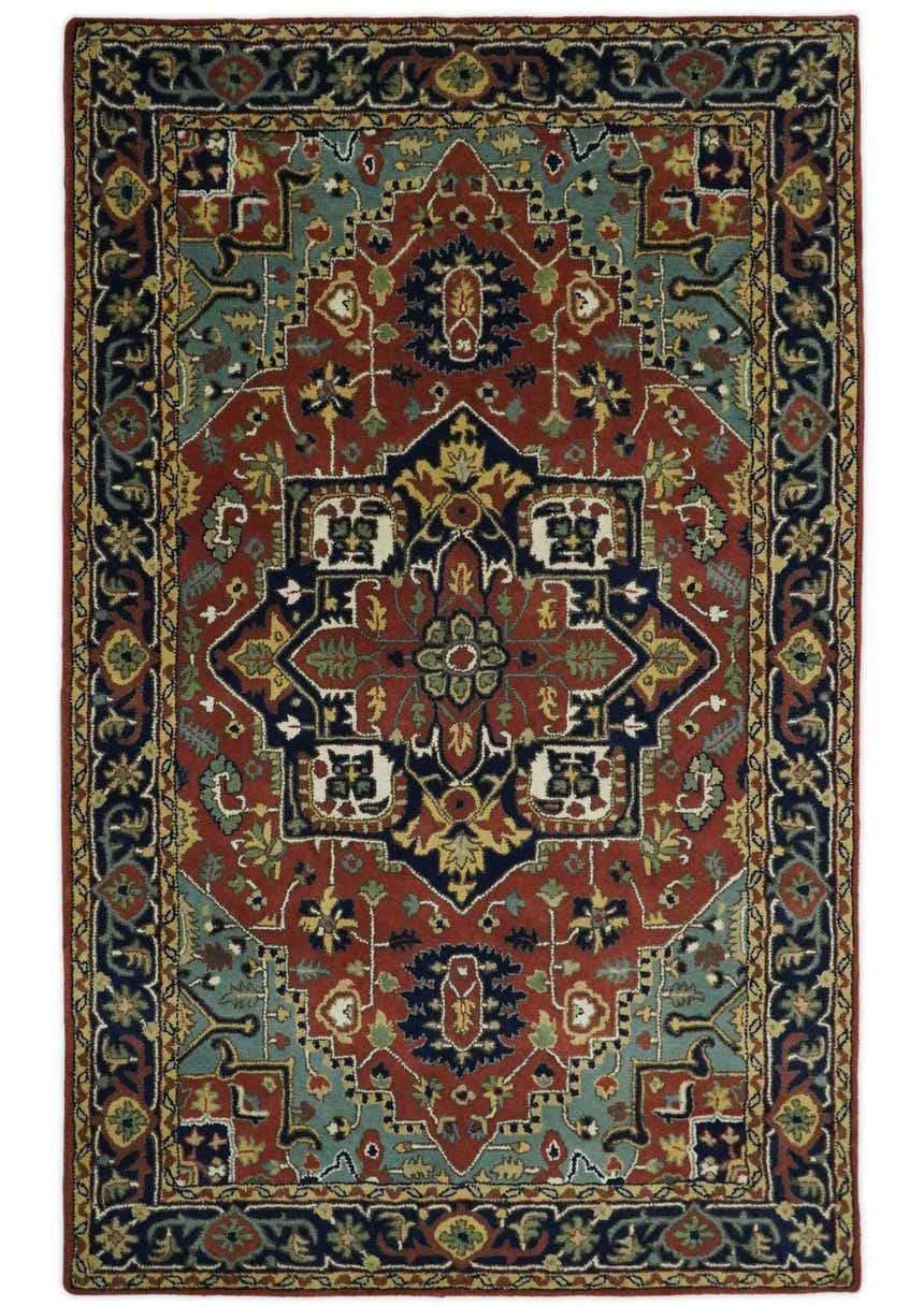 5x8 Handmade Rust and Blue made with fine wool Area Rug | TRDCP11858
