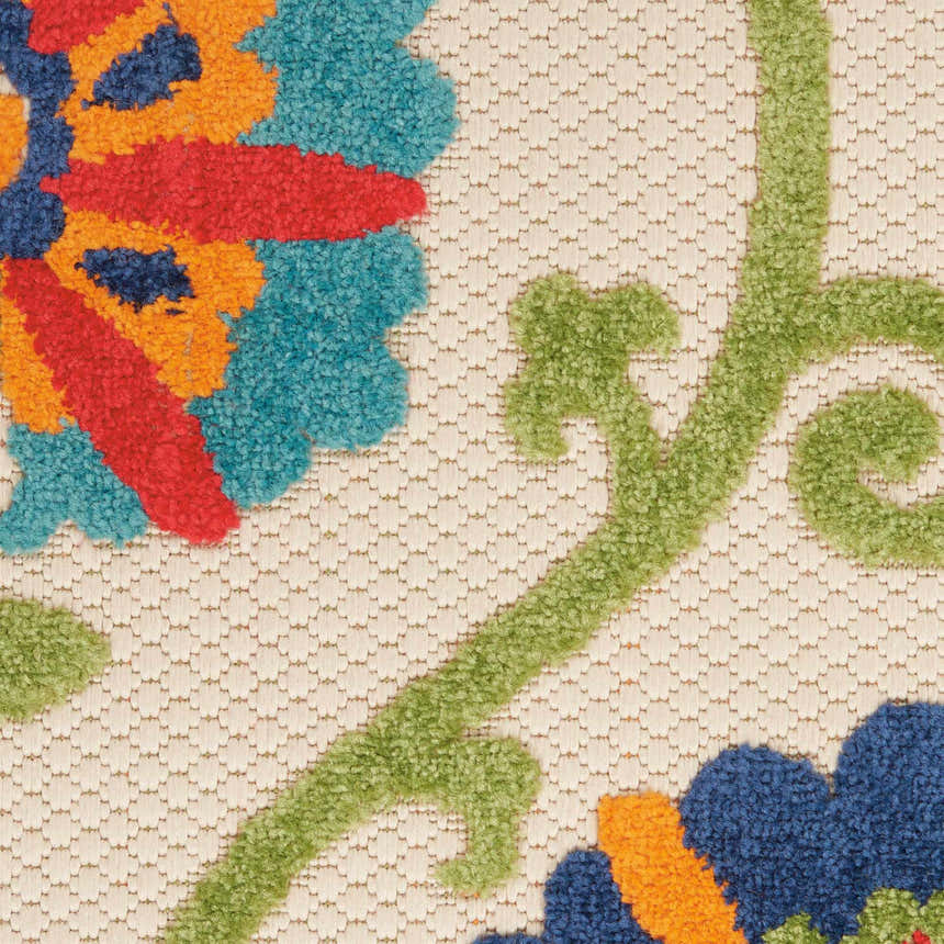 Close up of the Nourison Aloha Blue Multicolor rug showing floral pattern and textured weave.