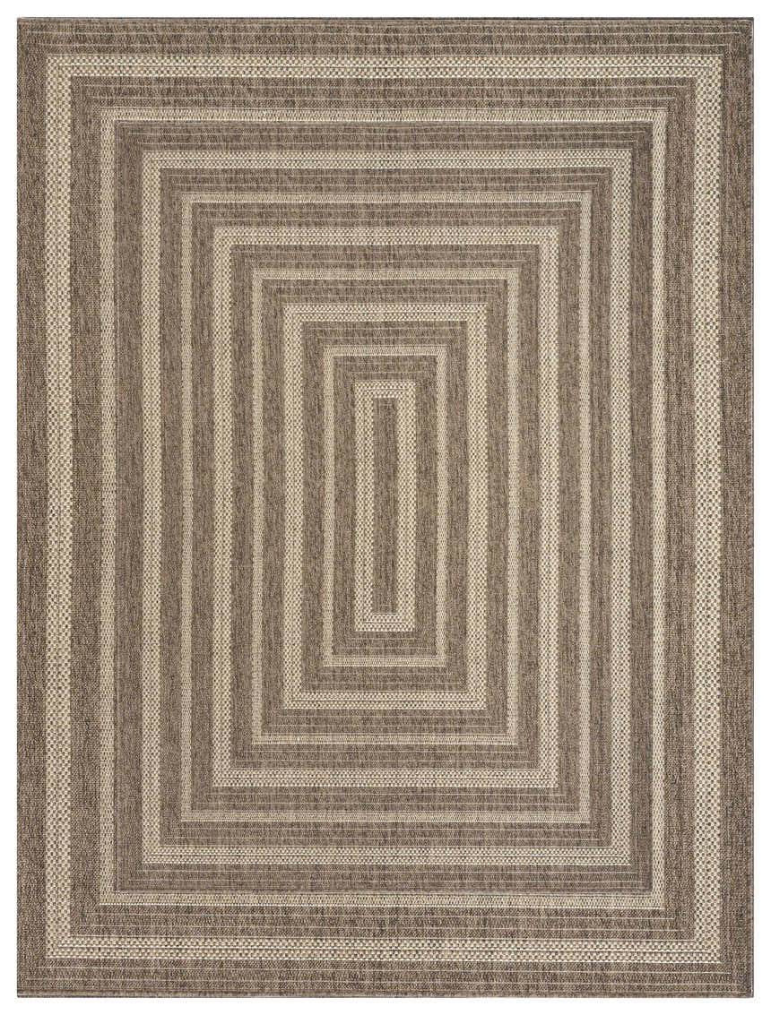 Close-up of a Nourison Tulum Brown Outdoor Area Rug featuring a geometric, concentric square pattern.