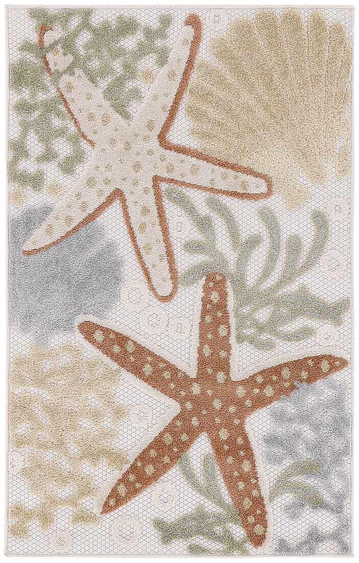 Close-up of Nourison Aloha Ivory Multicolor Outdoor Area Rug. Features starfish, coral, and sea life design.