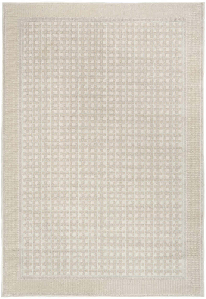 Close-up of the Nourison Nordic Beige Rug featuring a subtle geometric square pattern and textured border.