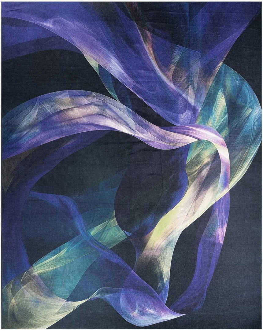 Abstract design of the Nourison Blue Multicolor Washable Area Rug. Features flowing shapes in blue, purple, and teal.