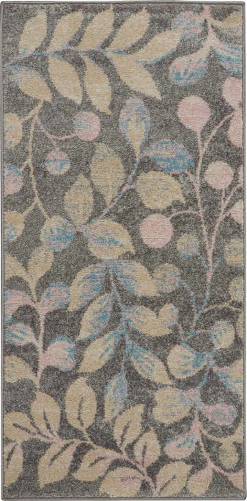 Close-up of Nourison Tranquil Grey Beige rug. Farmhouse style rug with botanical leaf pattern in gray, beige, pink, and blue.