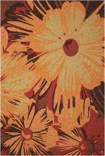 Close-up of the handmade Nourison South Beach Multicolor Area Rug featuring a bold floral pattern in shades of orange, red, and brown.