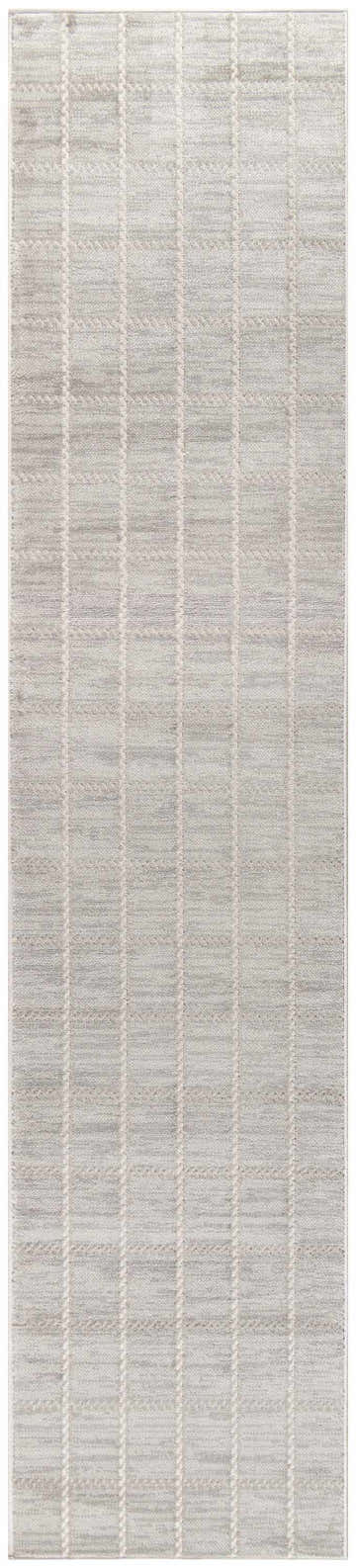 Close-up of the Nourison Serenity Home Light Grey rug. High pile rug with vertical stripes and woven texture.
