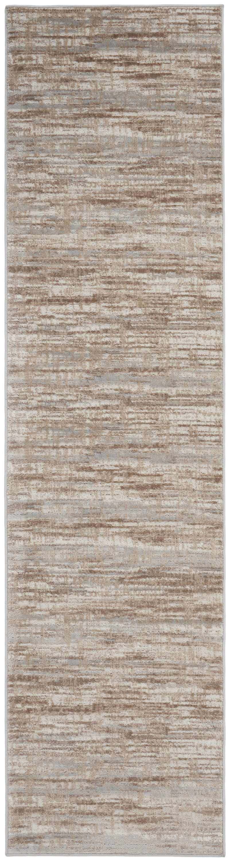 Close-up of the high pile Nourison Elation Ivory Grey rug with a modern chestnut, ivory, and grey abstract design.