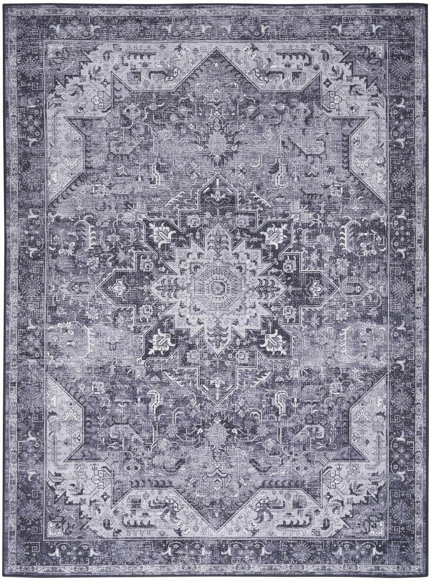 Detailed vintage pattern on a Nourison Charcoal Grey Washable Area Rug. Taupe accents.