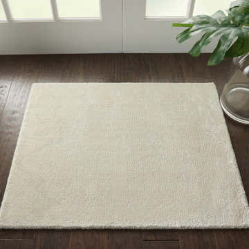 Entryway scene with Nourison Twilight Ivory rug on dark wood floor, white door, and monstera plant.