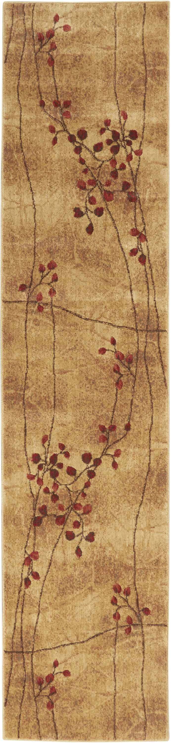 Close-up of Nourison Somerset Latte Rustic Area Rug with brown branches and red leaves on a textured beige background.
