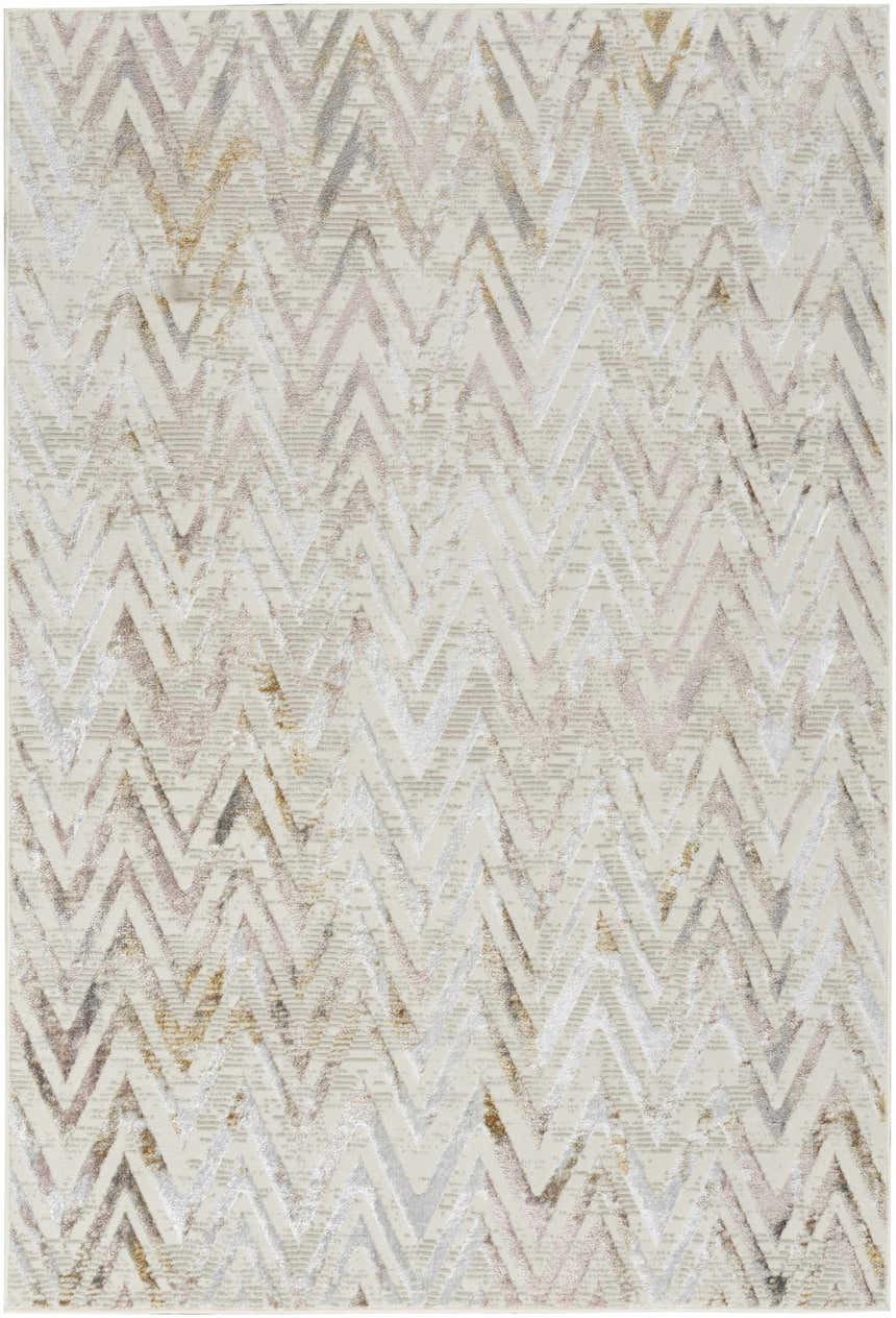 Close-up of Nourison Glitz Multicolor rug featuring a contemporary chevron pattern in cream, gold, gray, and pink tones.