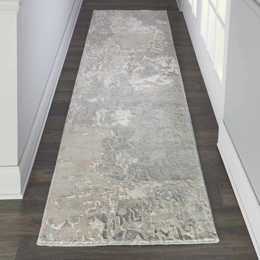 Hallway scene with Nourison Silk Shadows Sand runner rug on dark wood floor. Modern, neutral tones.