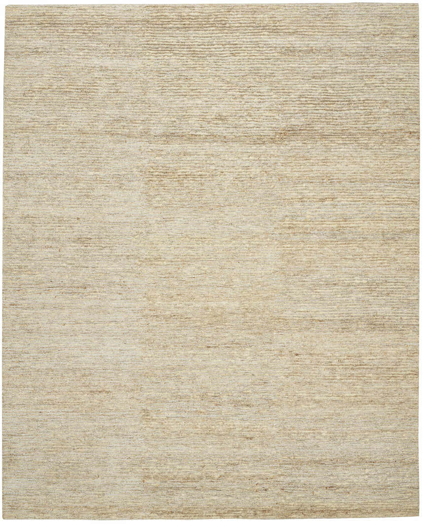 Close-up of Calvin Klein Mesa Gypsum Rug. Neutral, textured weave with subtle horizontal striations. Handmade rayon and cotton rug.