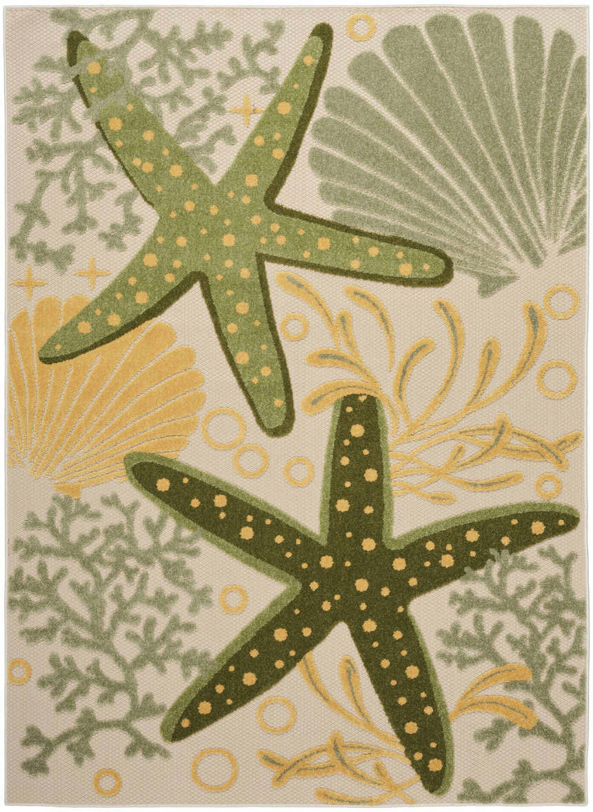 Close-up of Nourison Aloha Green Yellow Outdoor Area Rug with starfish, coral, and seashell design.