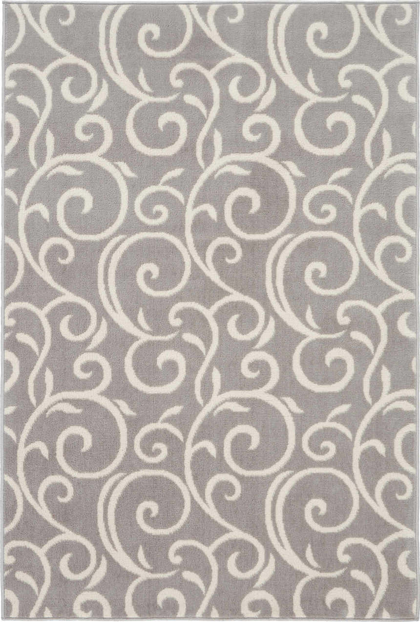 Close-up of the Nourison Grafix Grey Contemporary Indoor Area Rug with a swirling ivory vine pattern.