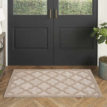 Entryway scene with Nourison Easy Care Natural Beige rug, black double doors, wood floors, and potted plant.