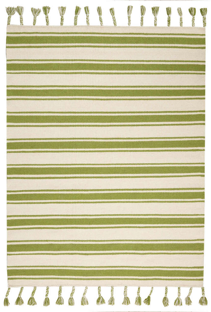 Nourison Rio Vista Ivory/Green rug with horizontal stripes and braided tassels. Wool, handmade.
