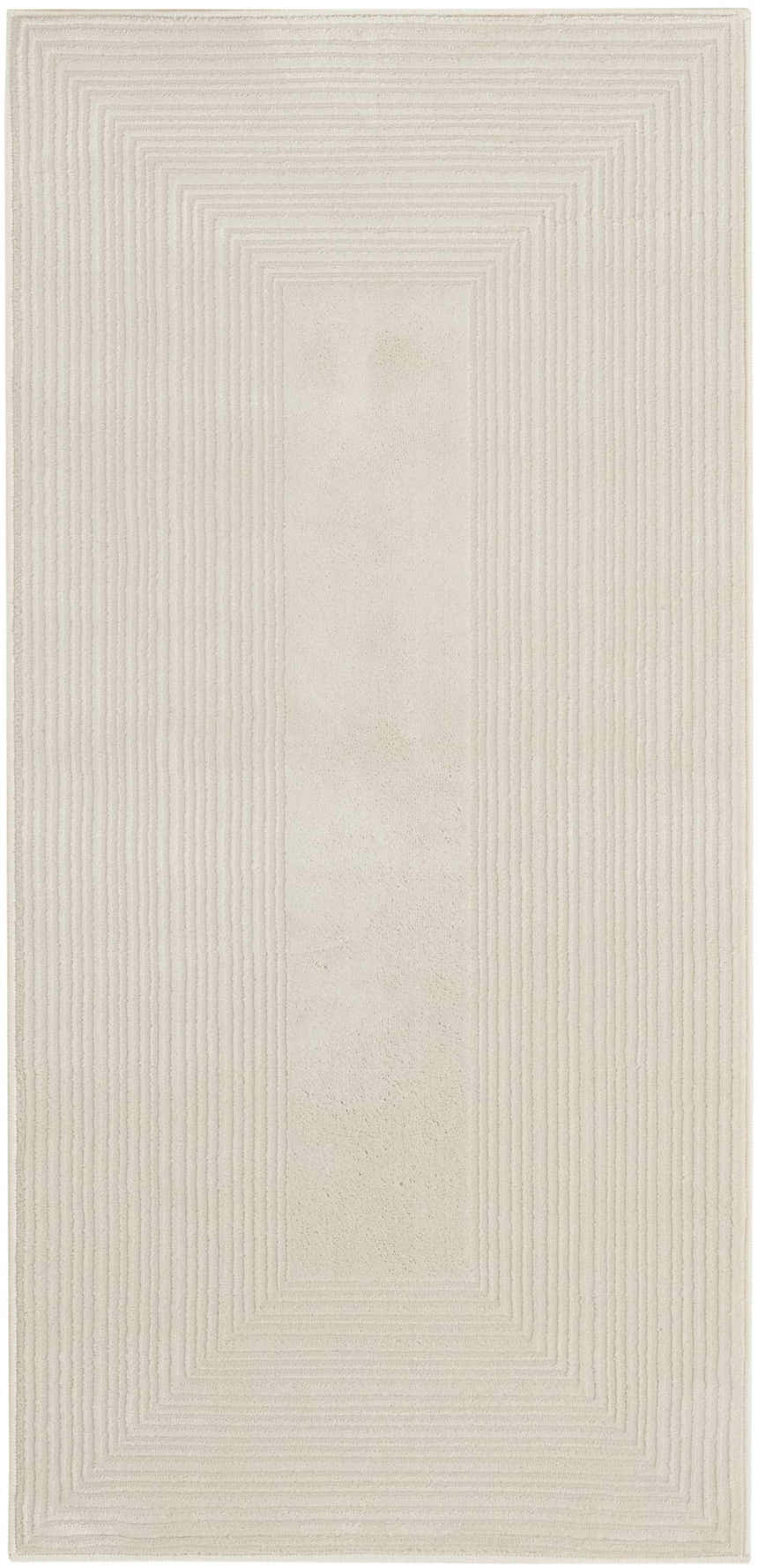 Close-up of Calvin Klein CK024 Irradiant Ivory rug. Modern design with chestnut linear texture and a smooth center panel.