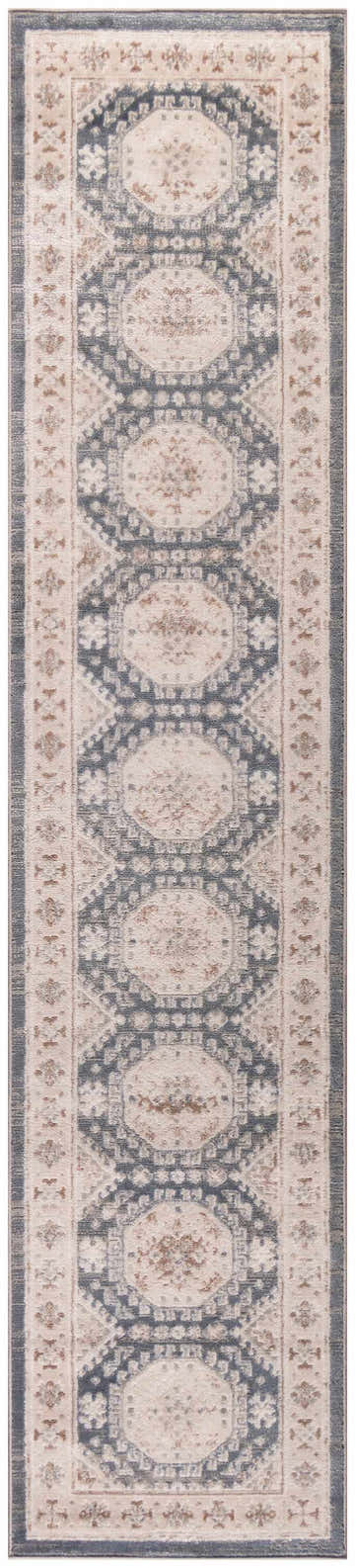 Close-up of Nourison Serenity Home Ivory Blue Vintage runner rug with chestnut accents and a high-pile texture.